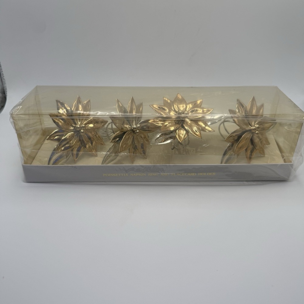 New Vintage Department 56 Gold Poinsettia Napkin Rings Christmas Set of 4 Boxed